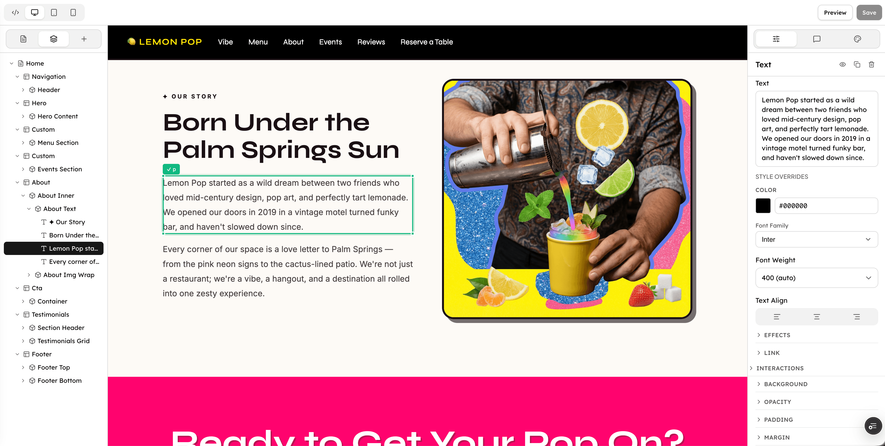Point-and-click editor showing a restaurant website being edited